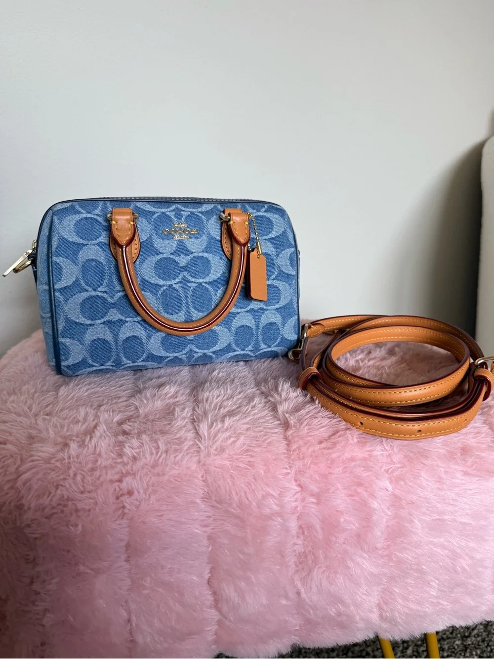 Coach Mini Denim Rowan Signature Satchel in Light Blue and Tan - Picture 6 of 9